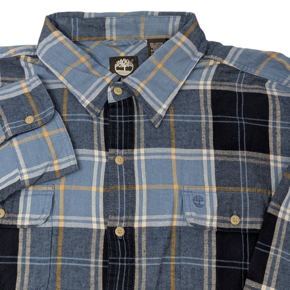 Timberland Men's Flannel Shirt Blue Plaid 2XL Long Sleeve Button Down Cotton